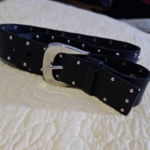MICHAEL Michael Kors Black Leather Studded Belt with Polished Silver Buckle
